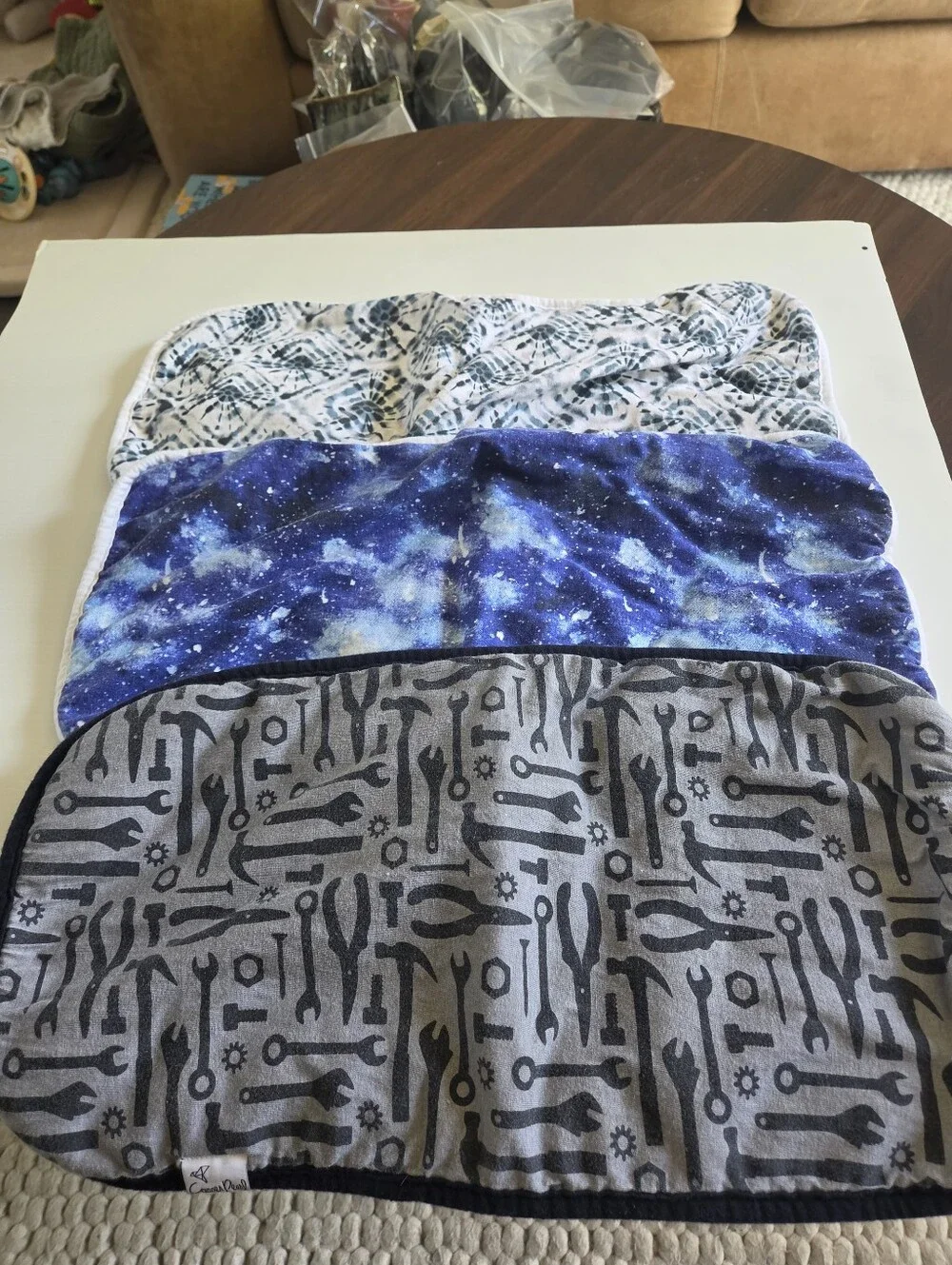 Copper Pearl Baby Boy Burp Cloths 3 Pack - Galaxy, Tie Dye, Tools - 18x9.5